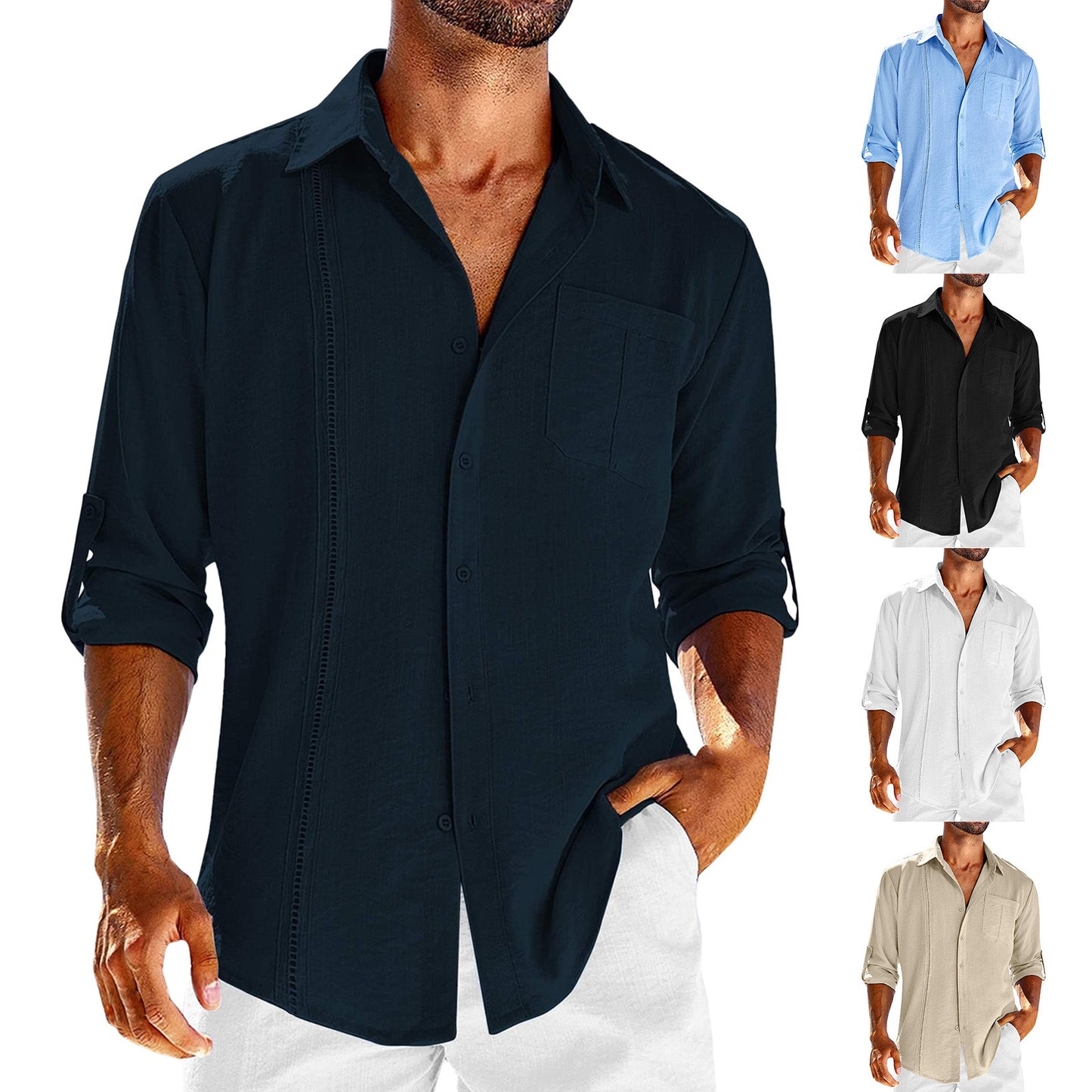 Long Sleeve Shirt With Pocket Lace Collar | Men's Casual Cotton Blend Polo