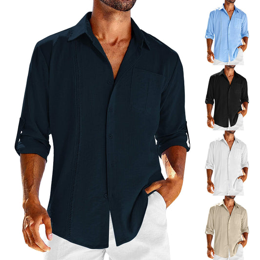 Long Sleeve Shirt With Pocket Lace Collar | Men's Casual Cotton Blend Polo