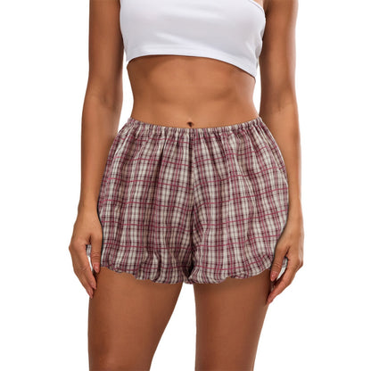 Women's Plaid Shorts - Casual Elastic Waist Summer Bloomers With Fold Detail