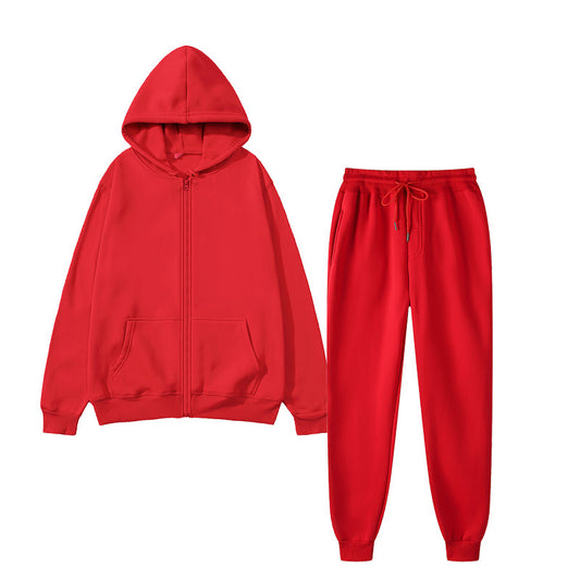 Red hoodie and matching jogger sweatpants set with front pockets and drawstring waist
