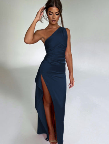 One Shoulder Dress - Sexy Satin Slim Fit Summer Party Dress With Slit