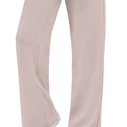 Women's Solid Color 2-Piece Set, Crew Neck Long Sleeve Ruffle Design Top With Tie-Waist Wide Leg Pants For Spring And Fall