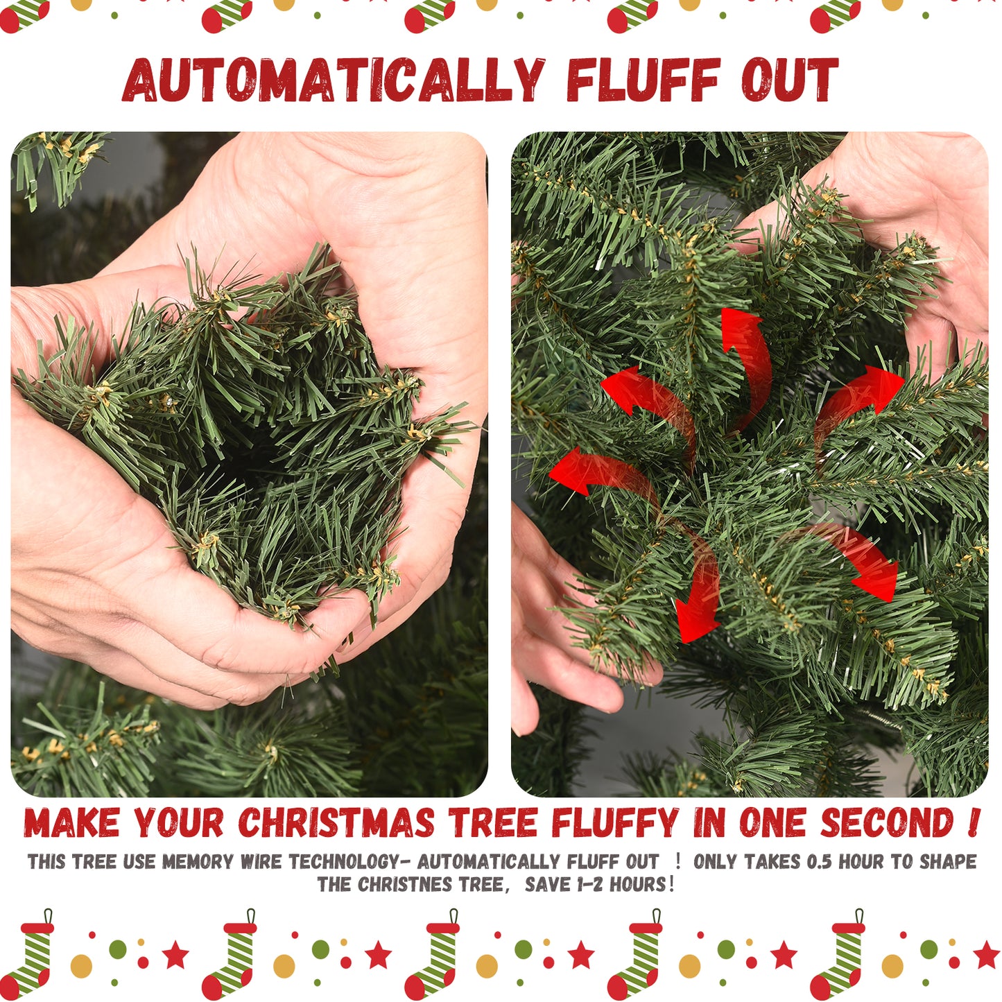 Hands fluffing an artificial Christmas tree branch with red arrows showing automatic branch expansion