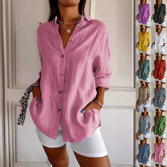 Lapel Long Sleeve Shirt - Women's Single-Breasted Pleated Blouse, Loose Fit