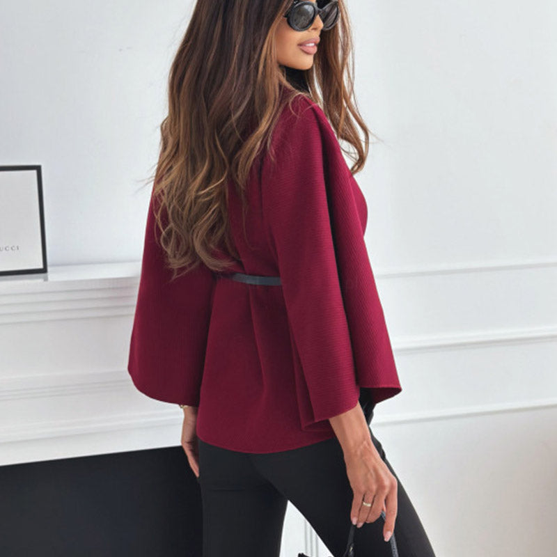 Stand Collar Cloak - Batwing Sleeve Jacket With Belted Woolen Sweater Outwear