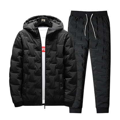 Men's Down Jacket - Autumn Winter Suit Set With Hooded Padded Coat And Pants