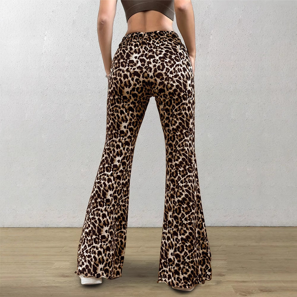 Leopard Print Flared Pants | Knitted Stretch High Waist Bell Bottoms