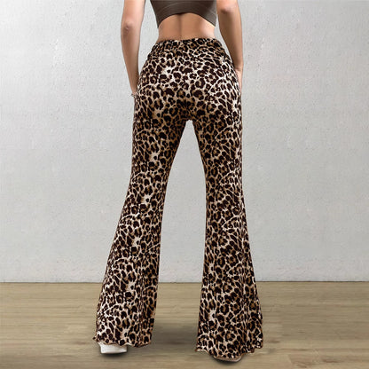 Leopard Print Flared Pants | Knitted Stretch High Waist Bell Bottoms