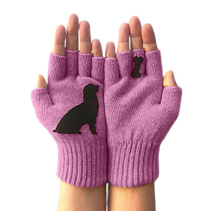 Pair of pink fingerless gloves with black dog silhouette and bone designs on palms