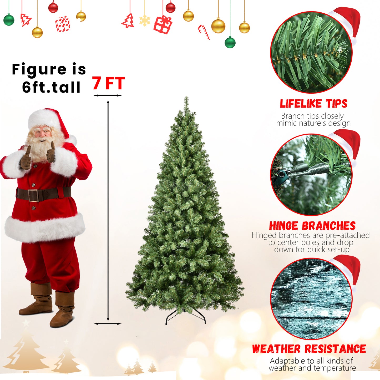 6ft artificial Christmas tree with lifelike tips, hinged branches, and weather resistance next to Santa figure.