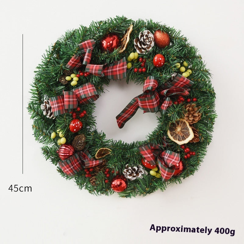 45cm Christmas wreath with plaid ribbon, pinecones, red berries, dried orange slices, and red ornaments