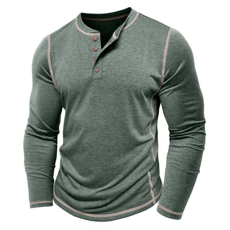 Men's long-sleeve green henley shirt with contrast stitching and button placket