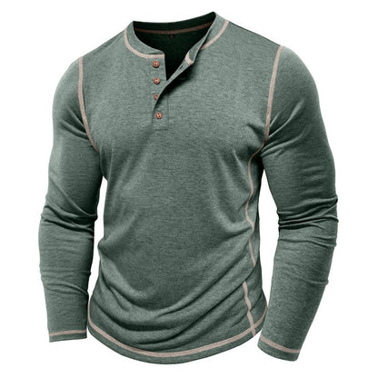 Men's long-sleeve green henley shirt with contrast stitching and button placket