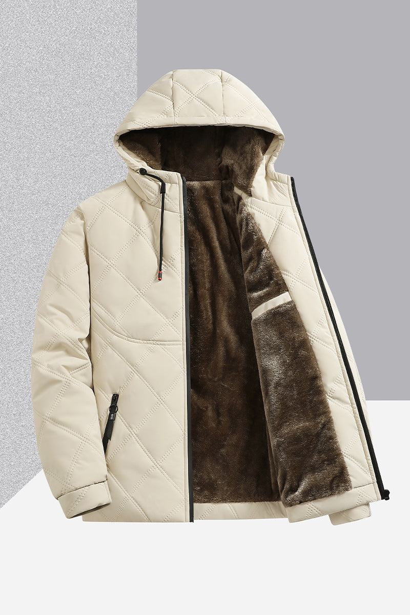 Beige quilted hooded winter jacket with dark brown faux fur lining and black zipper details