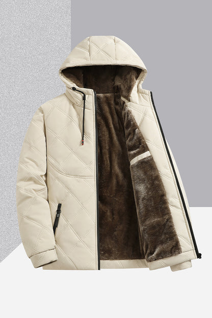 Beige quilted hooded winter jacket with dark brown faux fur lining and black zipper details