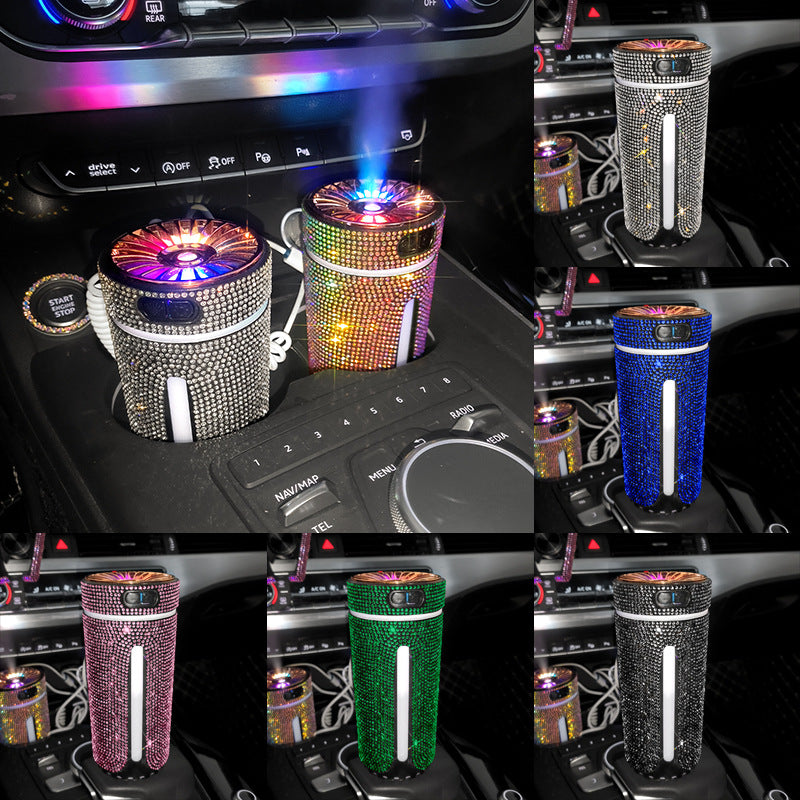 Car cup holders with six jeweled portable air humidifiers in black, gold, blue, pink, green, and dark gray colors