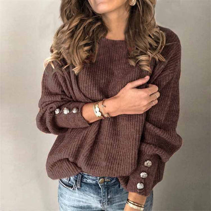 Long Sleeve Knit Shirt - Round Neck Button Knit Tee | Loose Fit Cotton Blend