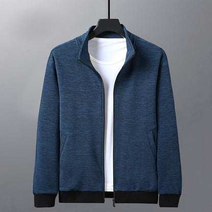 Blue zip-up jacket with black cuffs and hem over a white T-shirt on black hanger