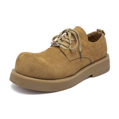 single tan suede lace-up shoe with thick rubber sole on white background