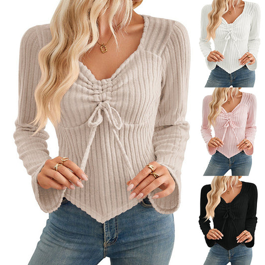 Women's Ruffled Long Sleeve Striped Cropped Top T-Shirt