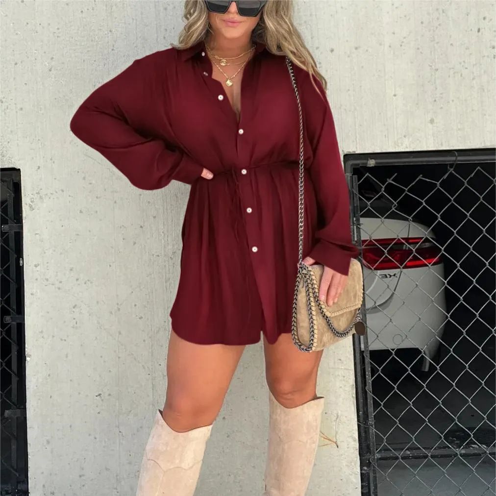 Women's Long Sleeve Jumpsuit - Lace-Up Button Shirt Dress, Stylish Spandex