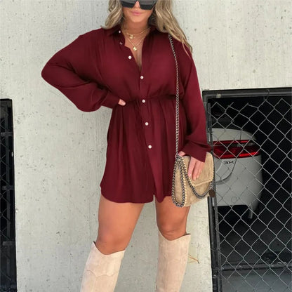 Women's Long Sleeve Jumpsuit - Lace-Up Button Shirt Dress, Stylish Spandex