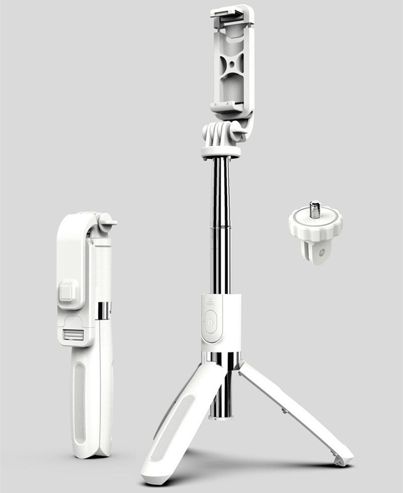 White foldable selfie stick tripod with phone holder and detachable screw mount on gray background