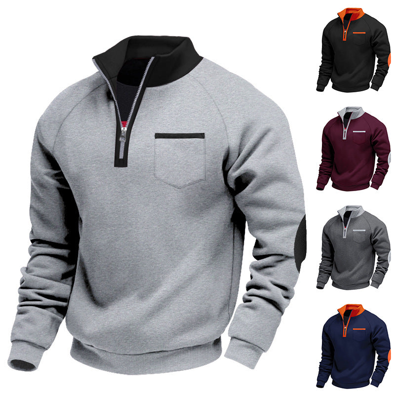 Men's quarter-zip pullover sweatshirts in gray, black, burgundy, dark gray, and navy with contrasting collars and elbow patches