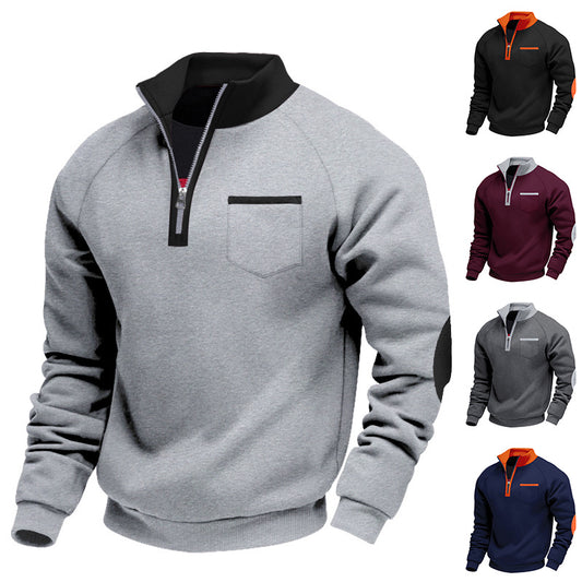 Men's quarter-zip pullover sweatshirts in gray, black, burgundy, dark gray, and navy with contrasting collars and elbow patches