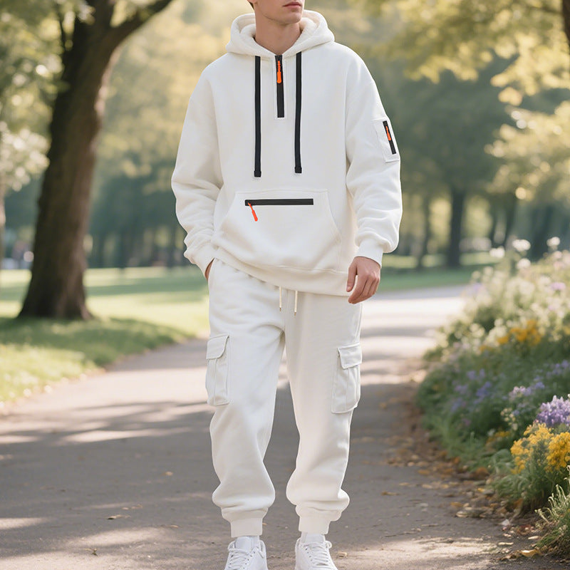 Men's Sports Hoodie Set - Polyester Fiber Two-Piece Tracksuit with Multi-Pocket Zipper Jacket
