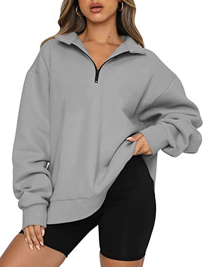 Women Zip Sweatshirt - Loose Pullover With Turndown Collar | Casual Tops