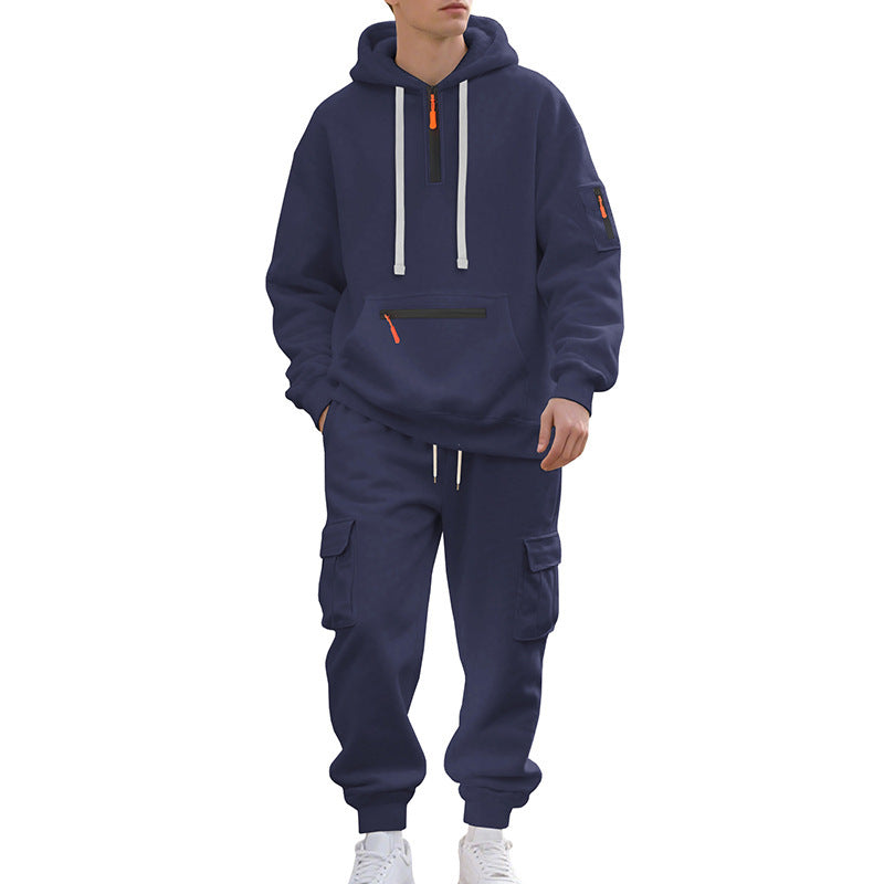 Men's Sports Hoodie Set - Polyester Fiber Two-Piece Tracksuit with Multi-Pocket Zipper Jacket
