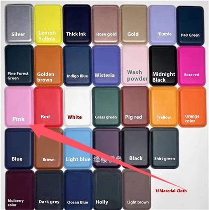 Swatch chart of 30 fabric color samples including silver, lemon yellow, rose gold, purple, midnight black, pink, red, white, grass green, yellow, blue, brown, light blue, black, and light brown