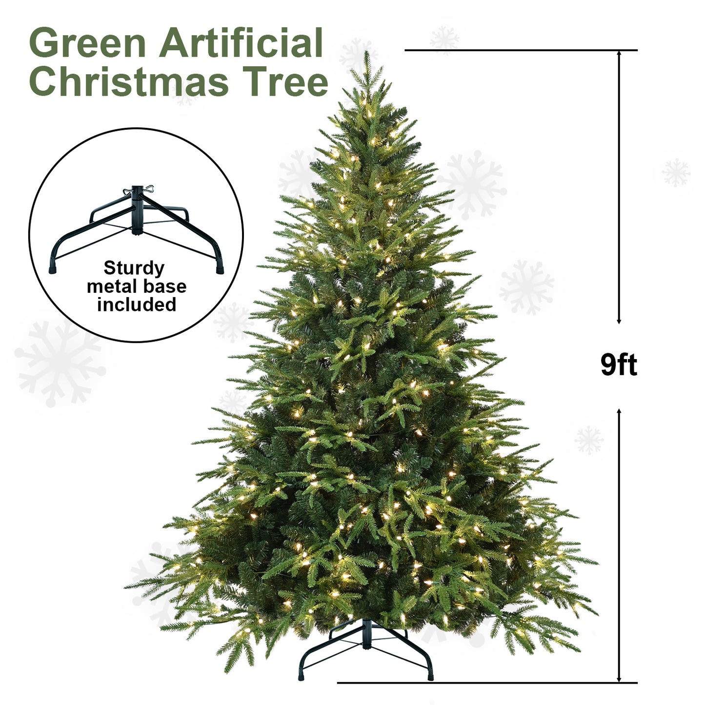 9ft green artificial Christmas tree with warm white lights and sturdy metal base