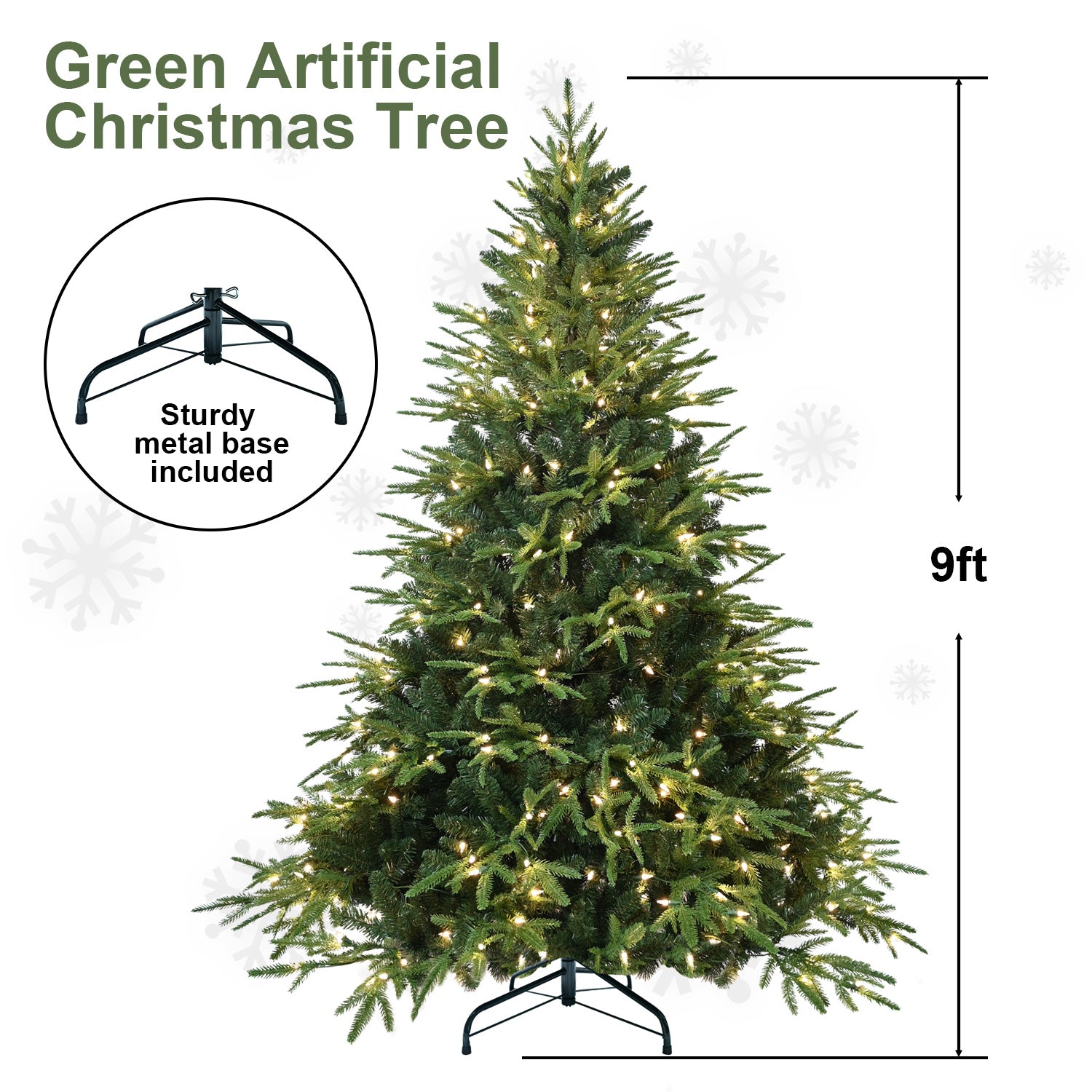 9ft green artificial Christmas tree with warm white lights and sturdy metal base