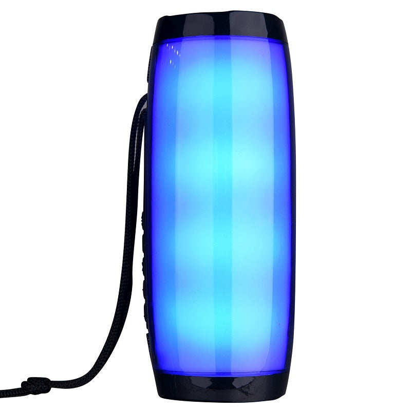 Blue LED portable Bluetooth speaker with black strap and glossy finish