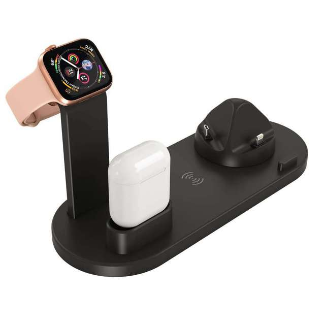Black multi-device charging dock with Apple Watch, AirPods case, and two charging ports