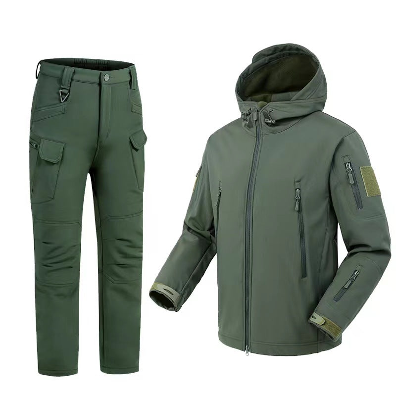 Olive green tactical softshell jacket with hood and matching cargo pants with pockets