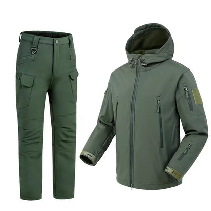 Olive green tactical softshell jacket with hood and matching cargo pants with pockets