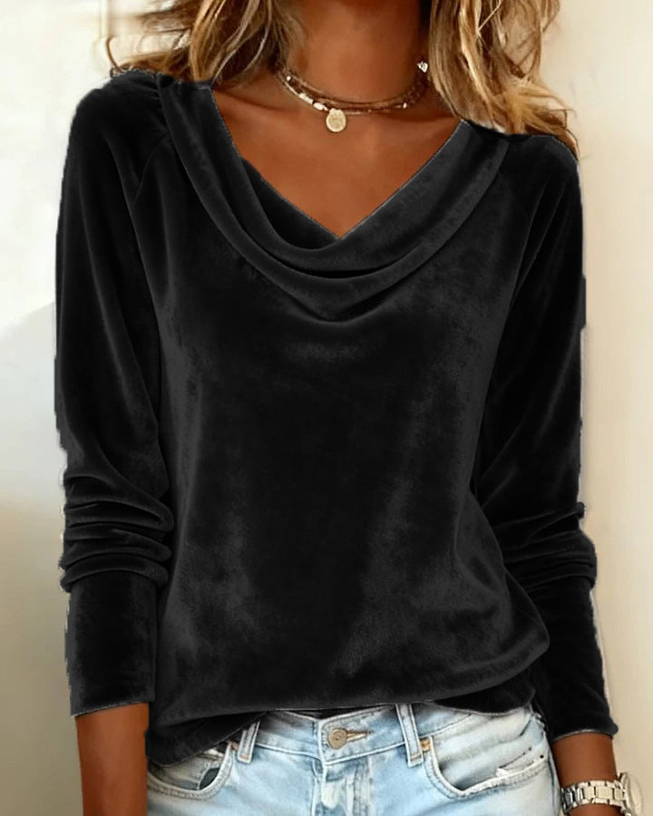 Fashion Women's Solid Color Draped Neck Long Sleeve Velvet T-shirt