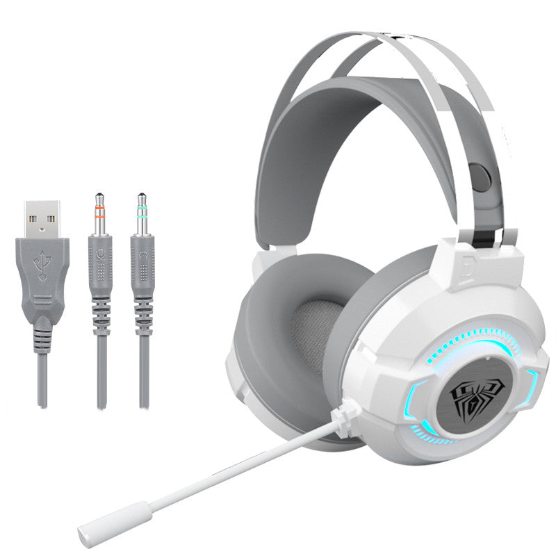 White gaming headset with blue LED lights, adjustable mic, USB and 3.5mm audio cables