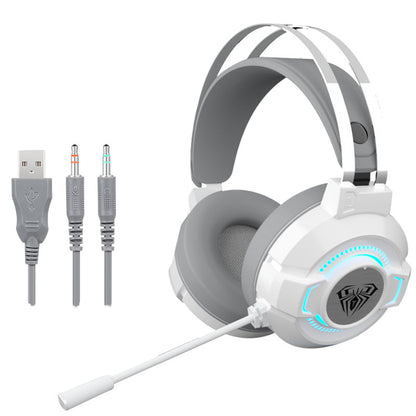 White gaming headset with blue LED lights, adjustable mic, USB and 3.5mm audio cables