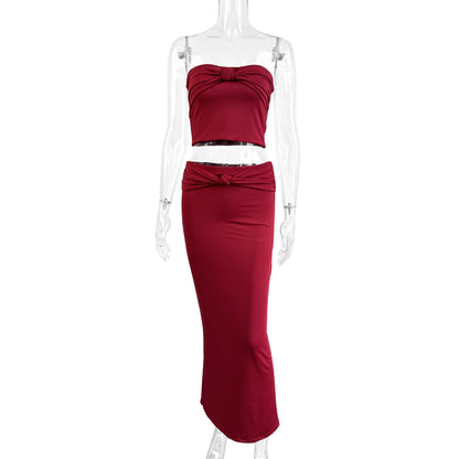 Strapless Long Dress Two Piece Set | Slim Fit Dark Red Evening Gown