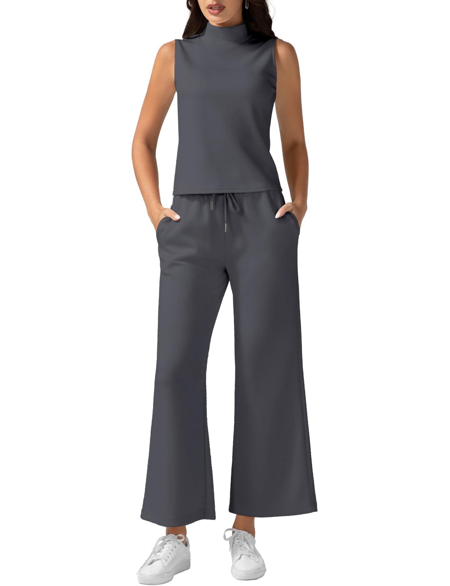 Women's Vest Pants Set - Wide Leg Cropped Pants & Sleeveless Vest Top