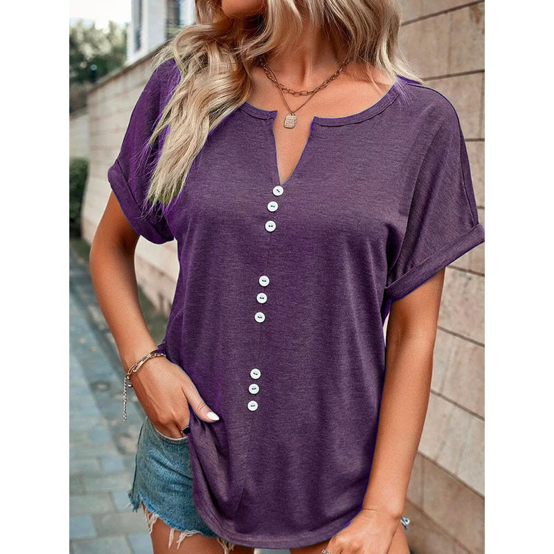 V Neck Blouse - Summer Tops With Button Design & Loose Fit Shirt