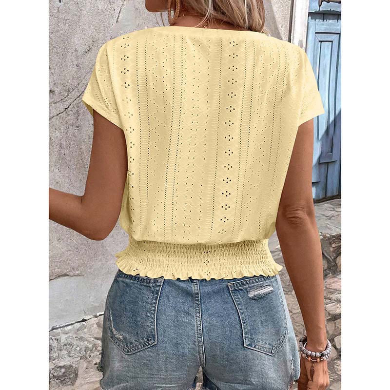 Women Summer Eyelet Top - Casual V Neck Blouse With Smocked Elastic Hem