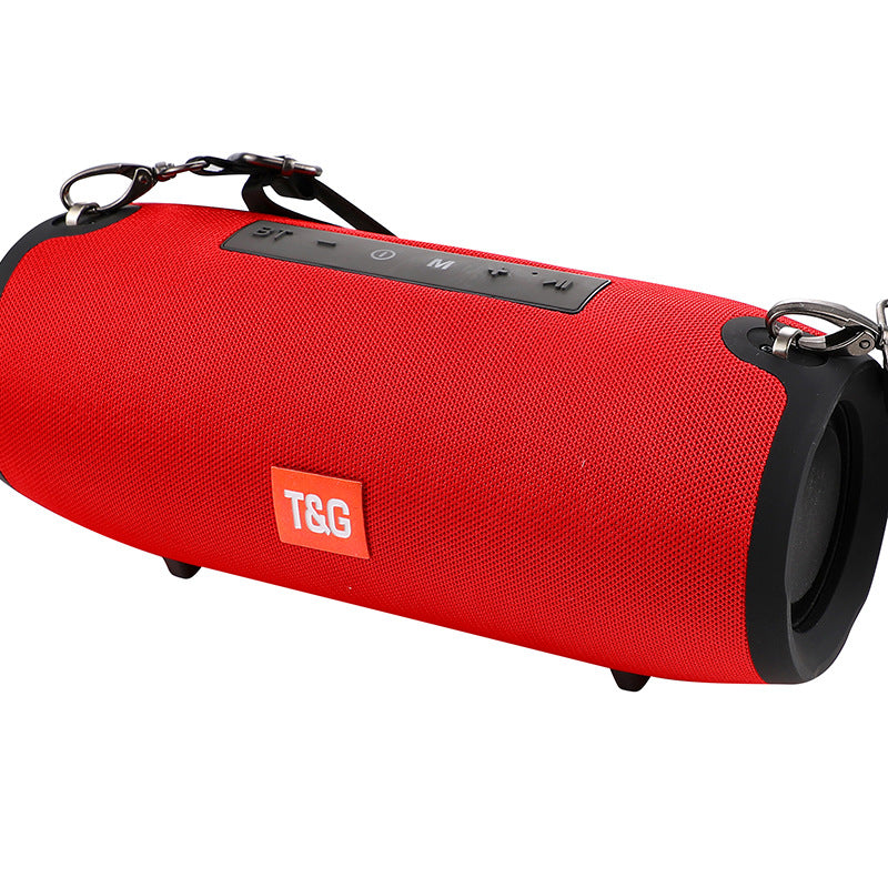 Red portable T&G Bluetooth wireless speaker with carrying strap and control buttons