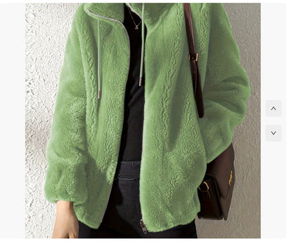 Warm Fleece Sweater Double Faced High Neck Cardigan For Women - Loose Fit