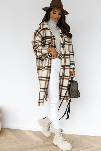Woolen Coat - Casual Plaid Medium Length Button Front Outerwear