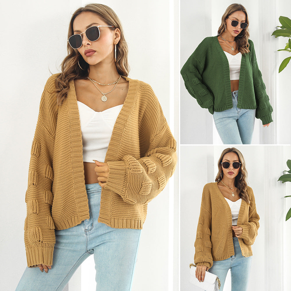 Puff Sleeve Cardigan – Chunky Knitwear Coat With Front Buttons, Oversized Sleeves